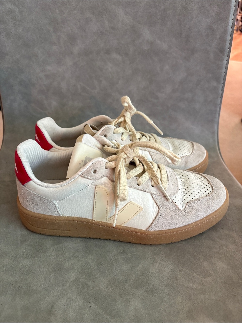 Veja White Leather & Suede Sneakers with Red Heel and Gum Sole